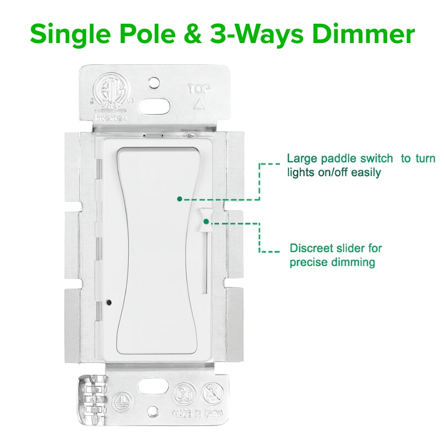 0-10V LED Dimmer Switch, Low Voltage Dimmer for Dimmable LED Lights, CFL, Halogen & Incandescent Bulbs, Single-Pole or 3-Way, No Neutral Required, 5%-100% Smooth Dimming, ETL Listed, Wallplate Included (White, 1 Pack)