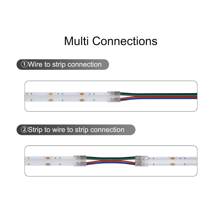 4PIN Transparent COB Connectors Kit for RGB COB LED Strip Lights – 10mm, Solderless Connection, 5pcs 15cm Wires