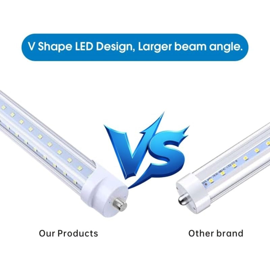 T8 8FT LED Tube Light, 8 Foot T8 V Shaped Single Pin FA8 Base, Ballast Bypass 270° 50W 6750LM, 6500K Cool White, Clear PC Cover (Replace 150W LED Flourescent Bulbs) Dual - Ended Power AC100-277V 4PACK