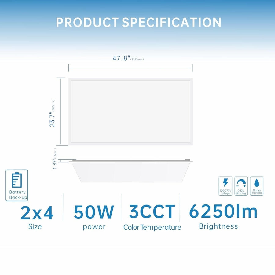 2X4 LED Flat Panel Light with Emergency Battery Backup, 50W 3000K/4000K/5000K, 0-10V Dimmable, 6500 Lumens, LED Drop Ceiling Light for commercial, 100-277V, DLC UL Listed, Ultra Thin Back-Lit (2 Pack)
