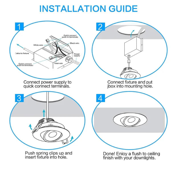 Step-by-step installation guide for ceiling lights with illustrations and text at fliptoled