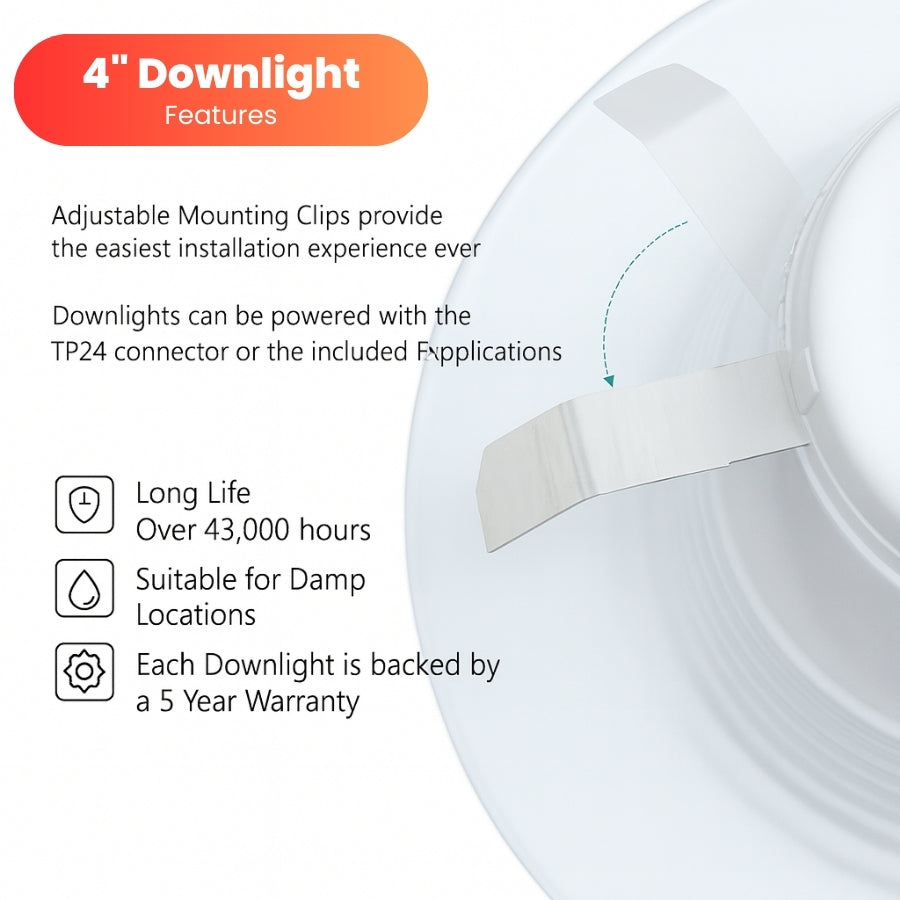 4" Downlight features with adjustable mounting clips and long life specifications on a white background at fliptoled