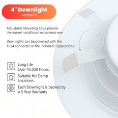 4" Downlight features with adjustable mounting clips and long life specifications on a white background at fliptoled