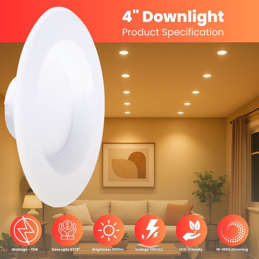 4" Downlight product specification with a living room background at fliptoled