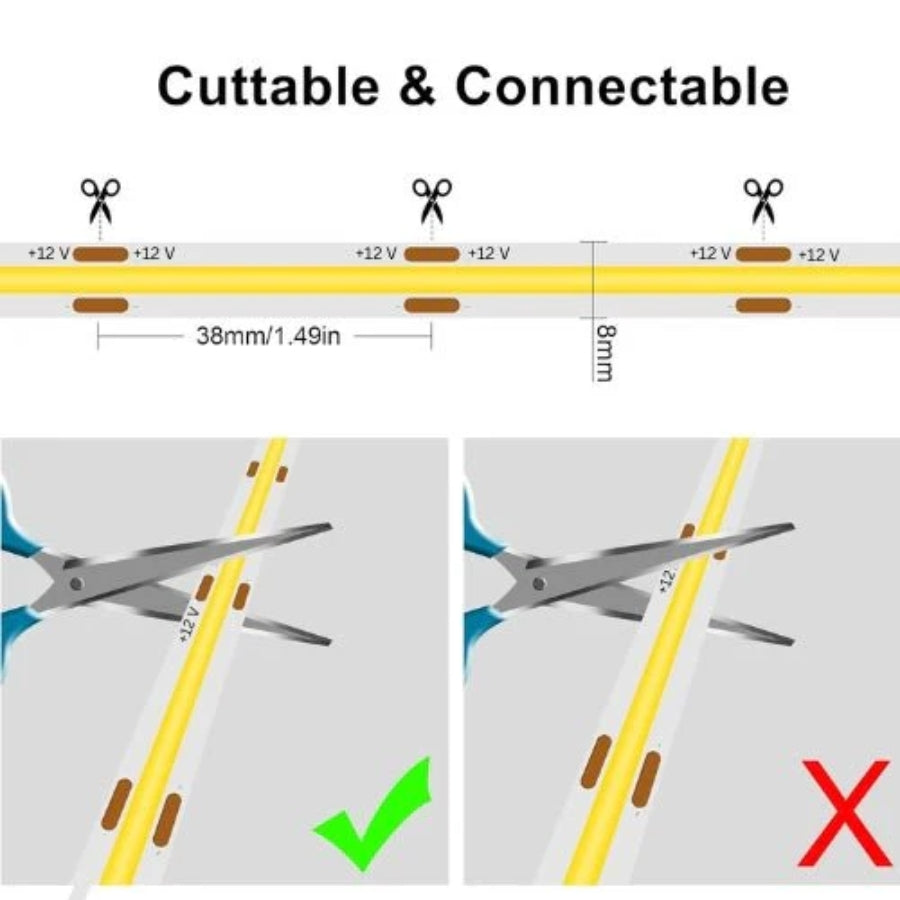12V COB LED Strip Light Natural White 4000K CRI 90+ 16.4ft/5M Dotless 480LED/M Cuttable Flexible 4000lm IP20 Indoor Use LED Tape Light for Cabinet Home DIY Lighting Projects