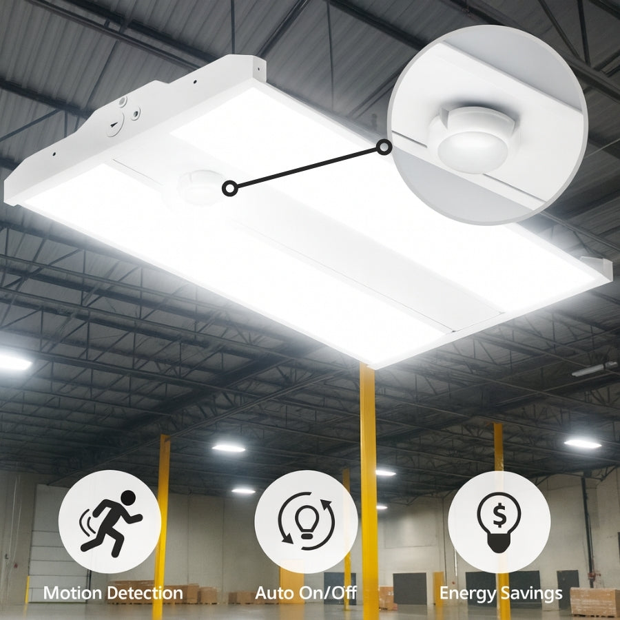 165W Linear LED High Bay Light with PIR Motion Sensor, 22,440 Lumens, 5000K Daylight, DLC 5.1 Premium, 400W MH Equivalent, Frosted PMMA Lens, 120-277V, Suspended Mounting, Warehouse & Industrial Lighting