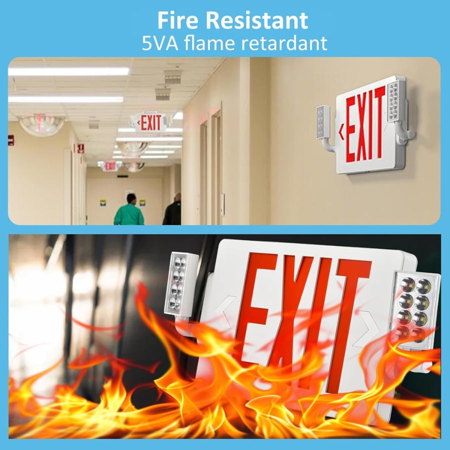 Double Sided LED Emergency EXIT Sign Combo, Two LED Lights, Backup Battery, US Standard Red Letter Emergency Exit Lighting, Commercial Grade, 120-277V, Fire Resistant (UL 94V-0) 2 Pack