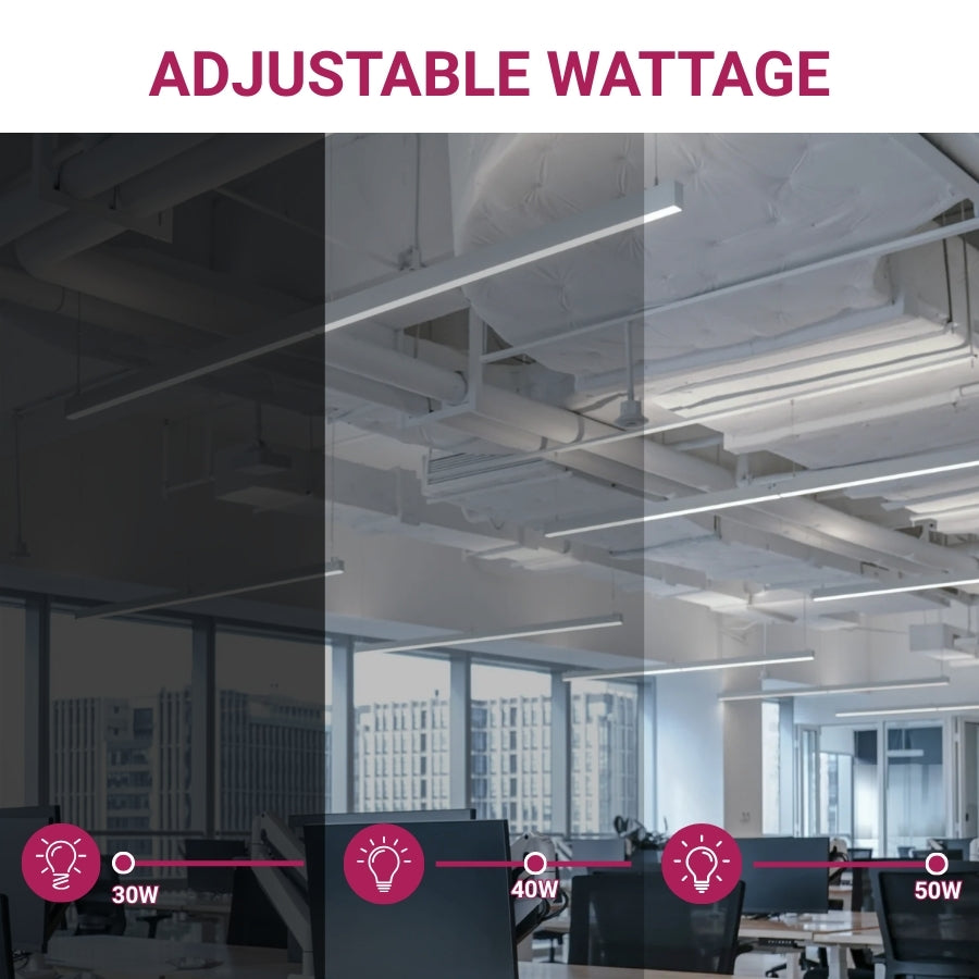 Office space with adjustable wattage lighting control indicators on a dark background
