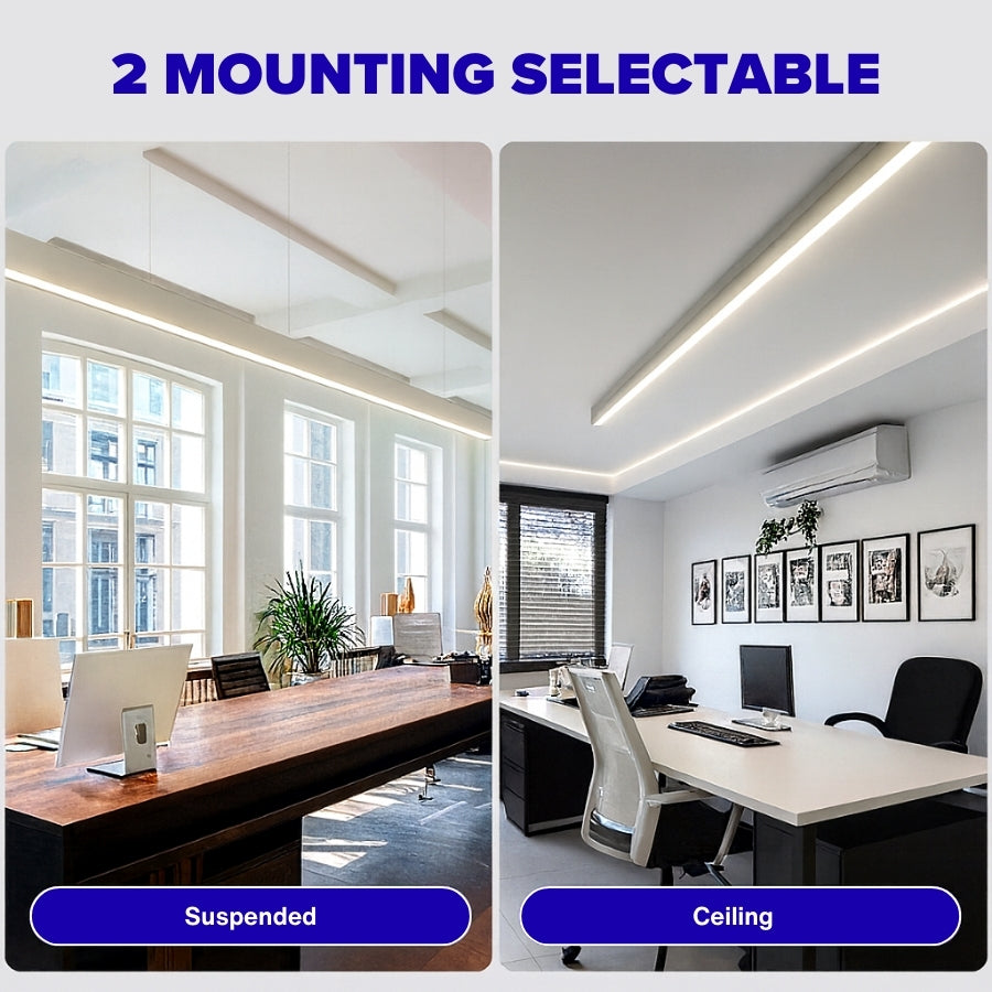 Two office environments showing LED strip lights mounted suspended and on the ceiling.