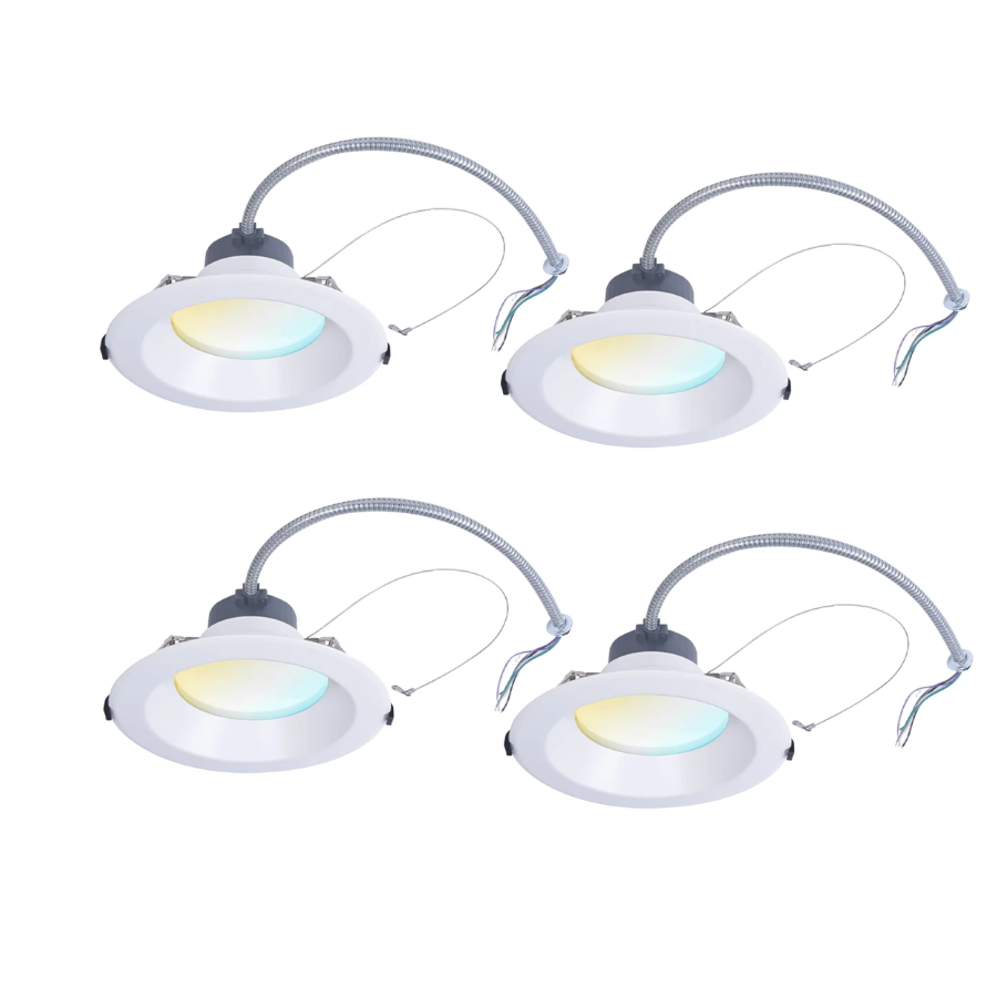 Four white LED canless downlight fixture on a white background