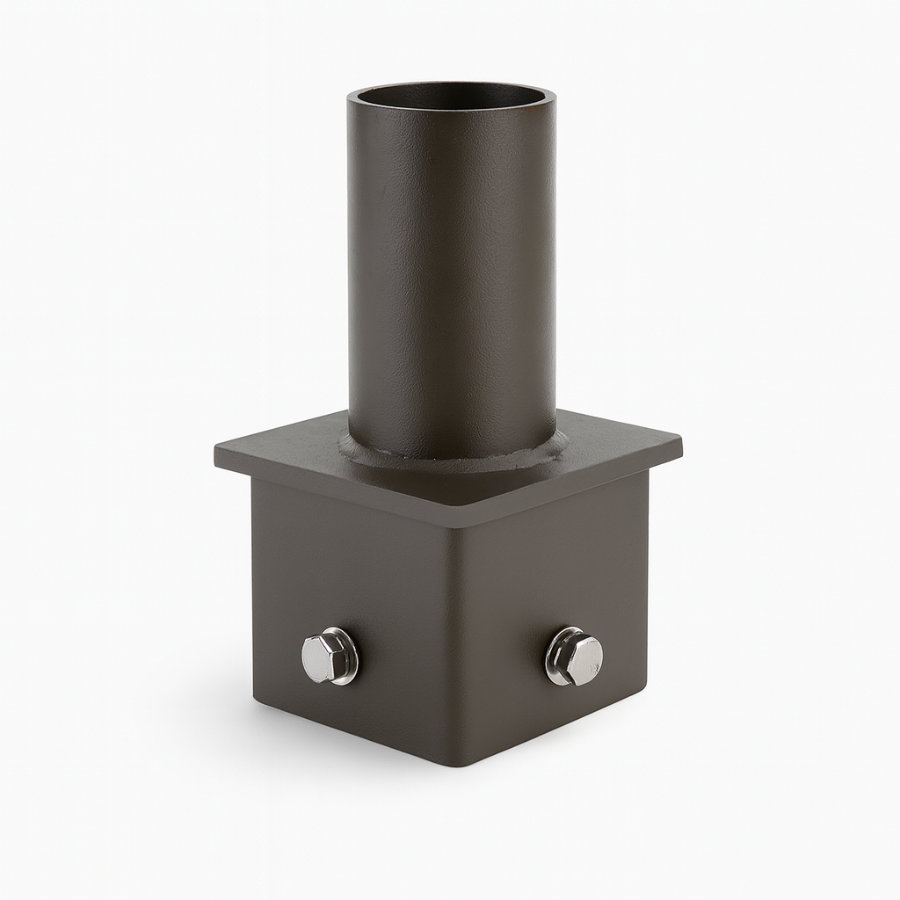 4 square pole tenon adapter, Black metal fitting with cylindrical top and square base on a white background