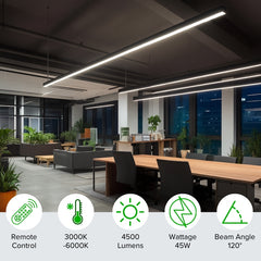 Modern office interior with LED linear lights and product features displayed.