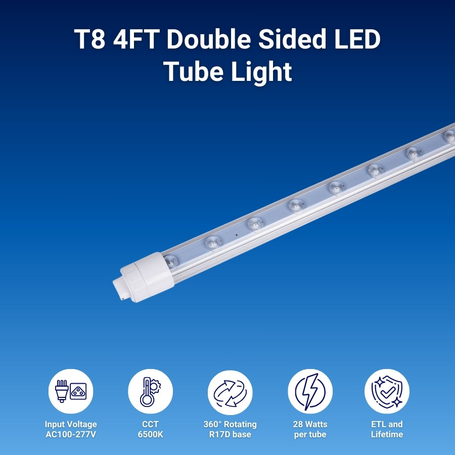 T8 4FT Double Sided LED Tube Light on a blue background with specifications listed.