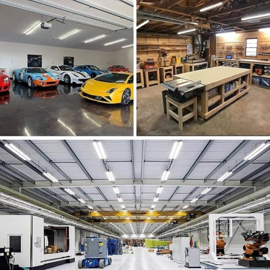 Collage of 4ft led shop light fixture​ in three warehouse interior images: cars, workshop, and industrial setting.