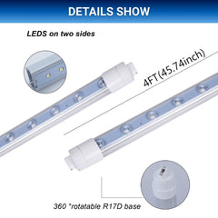 4ft led shop lights with specifications on a white background at fliptoled.com