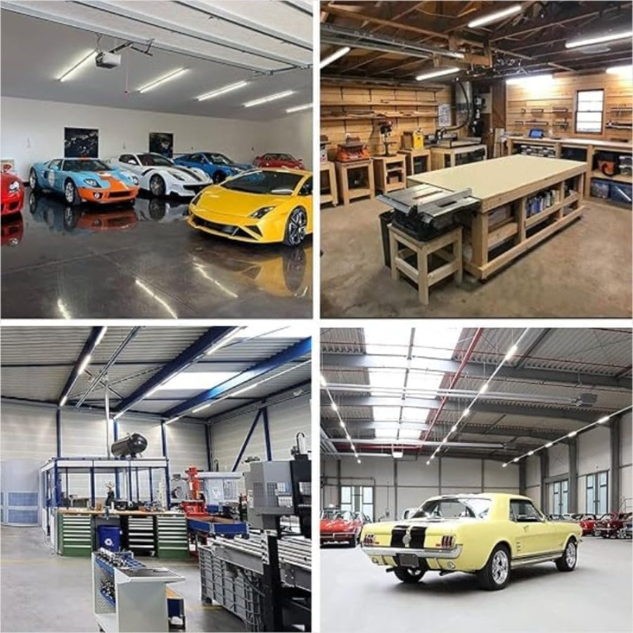 Collage of 4ft led tube bulbs in car showroom with various cars and a workshop.