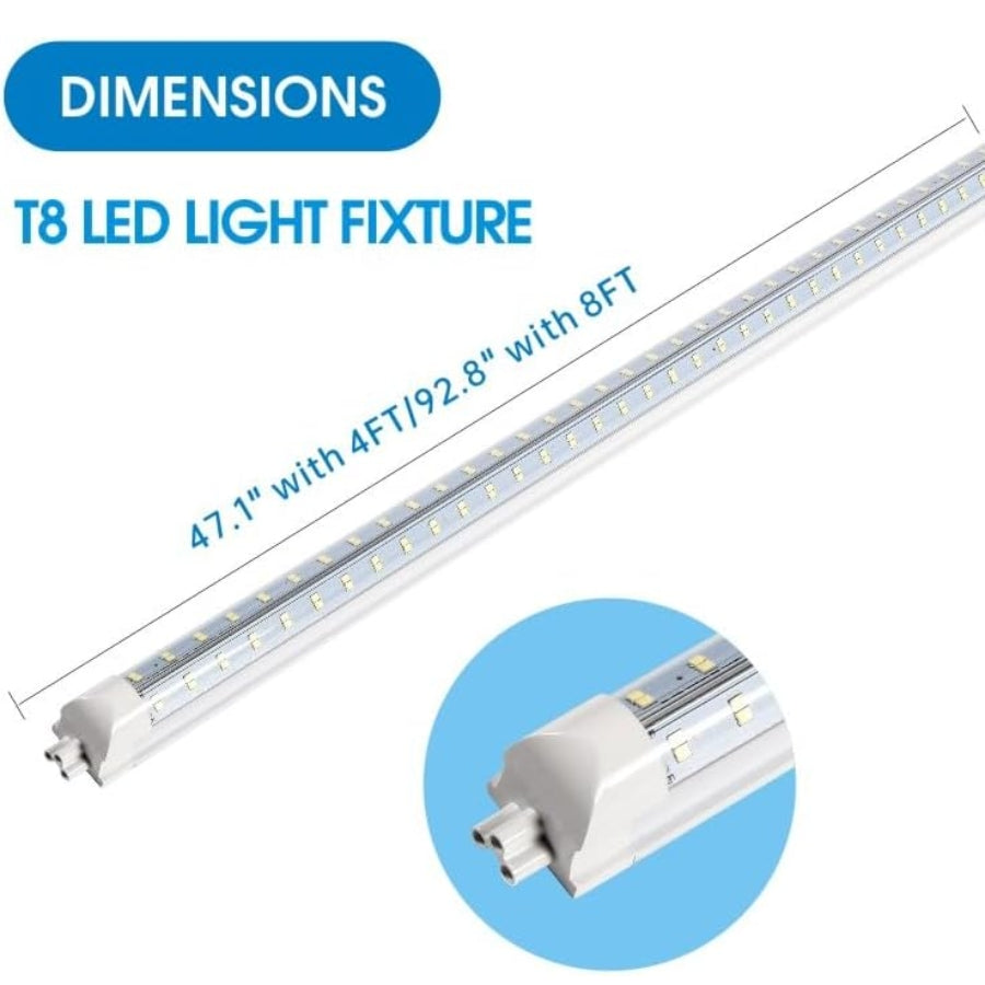 T8 LED light fixture with dimensions labeled on a white background