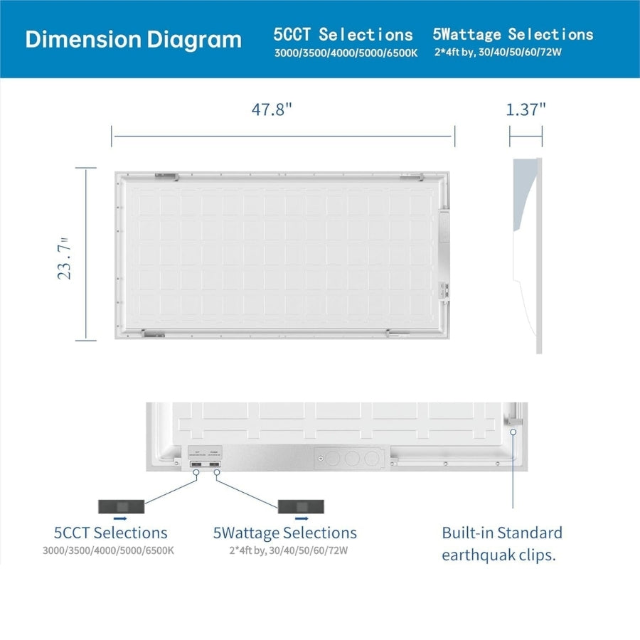 2x4 FT LED Light Flat Panel, 40W-72W, 5 CCT 3K | 3.5K | 4K | 5K | 6.5K, Dimmable Recessed Drop Ceiling Lights, 3750/5000/6250/7500/9000 Lumens, Lay in Fixture for Office, 120-277V, UL DLC