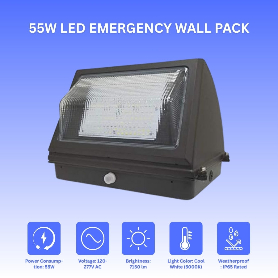 55W LED Emergency Wall Pack with specifications on a blue background