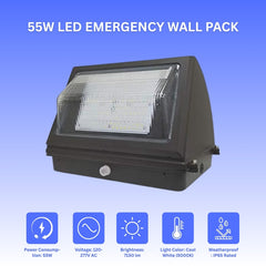 55W LED Emergency Wall Pack with specifications on a blue background