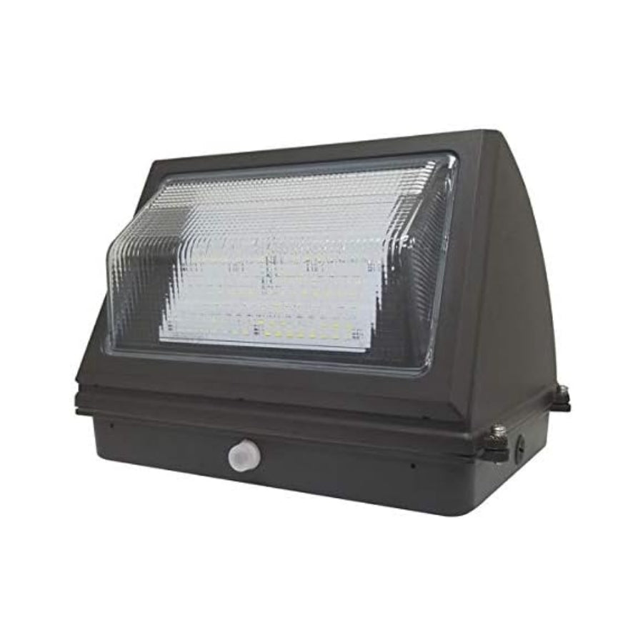Black outdoor flood light with motion sensor on a white background, 55 watt led wall pack at fliptoled 