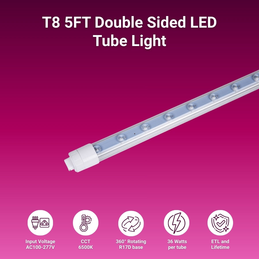 T8 5FT Double Sided LED Tube Light on a pink background with specifications listed.
