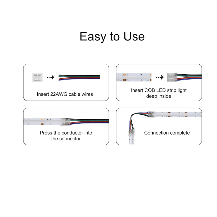 4PIN Transparent COB Connectors Kit for RGB COB LED Strip Lights – 10mm, Solderless Connection, 5pcs 15cm Wires