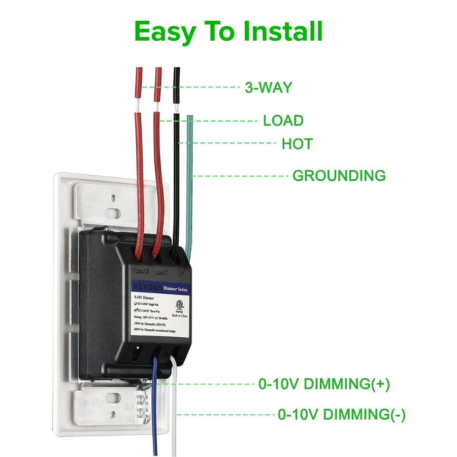 0-10V LED Dimmer Switch, Low Voltage Dimmer for Dimmable LED Lights, CFL, Halogen & Incandescent Bulbs, Single-Pole or 3-Way, No Neutral Required, 5%-100% Smooth Dimming, ETL Listed, Wallplate Included (White, 1 Pack)