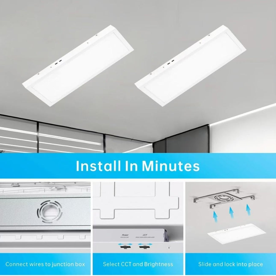 2x4 FT LED Flat Panel Light, 30W-50W Selectable, 6250 Lumens, 5CCT 3000K–6500K, 120V TRIAC Dimmable, Surface/Drop Ceiling Fixture for Office, Kitchen, Garage – 2 Pack