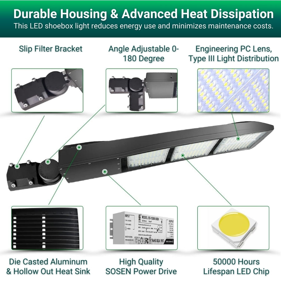 450W LED Parking Lot Light Fixtures – Shoebox Flood Light, 5000K Daylight, 58,500 Lumens, IP65 Waterproof Outdoor LED Area Lighting, 0-10V Dimmable with Slip Fitter Mount, DLC & UL Listed, 100–277V