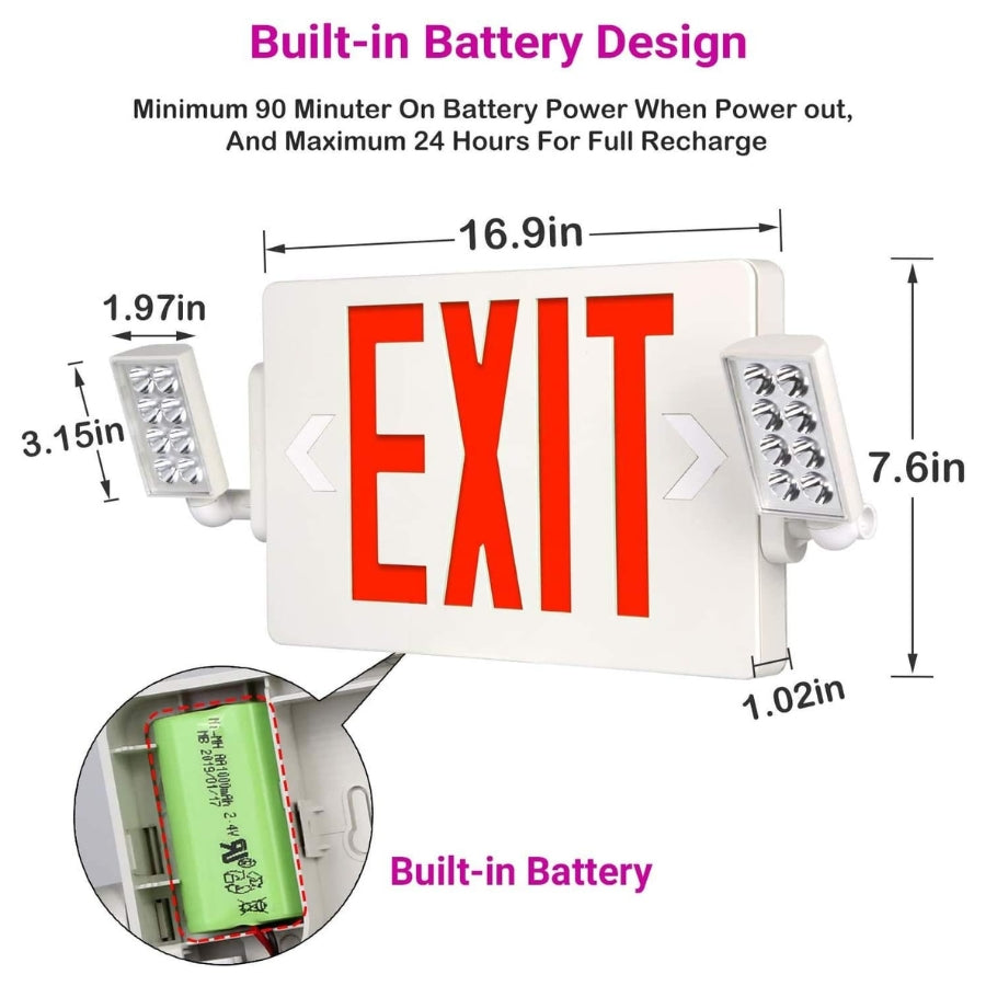 8 Pack Double Sided LED Emergency EXIT Sign Combo, Two LED Lights, Backup Battery, US Standard Red Letter Emergency Exit Lighting, Commercial Grade, 120-277V, Fire Resistant (UL 94V-0)