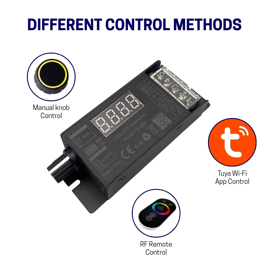 T5-WIFI LED Dimmer Switch 400W DC12-24V Dual Channel with Tuya Smart App Control, Adjustable PWM Frequency, Knob and RF Remote, Alexa and Google Assistant Compatible