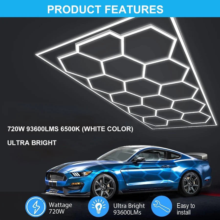 Hexagon LED Garage Light 720W 93600 Lumens 6500K 15 Hex Grid High Brightness for Garage Shop Basement Car Detailing Includes Mounting Clips DIY Installation