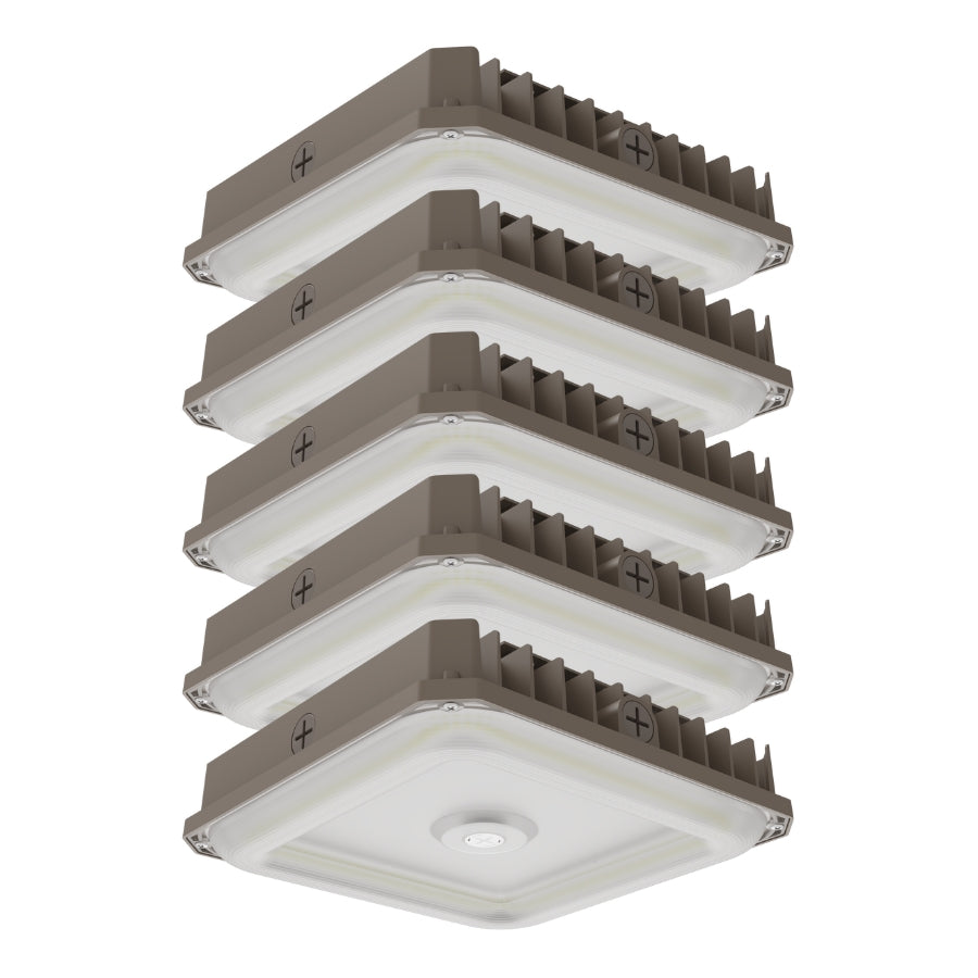 Stack of square ceiling lights with brown frames on a white background