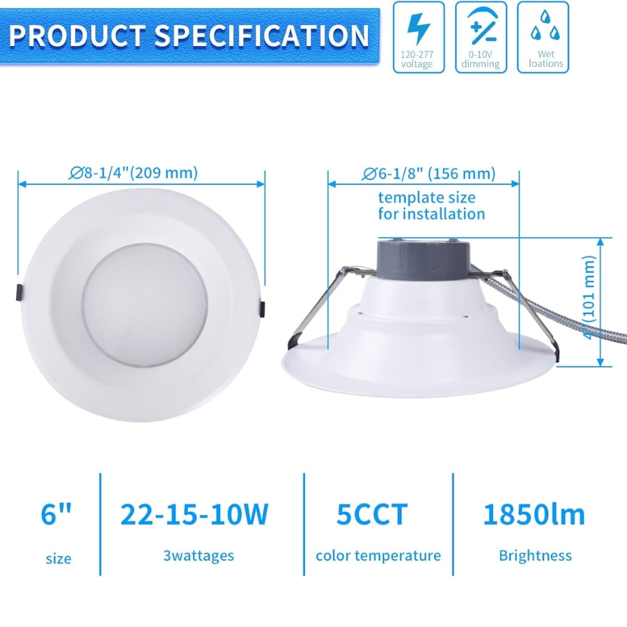 Product specifications of a LED downlight with dimensions and features on a white background