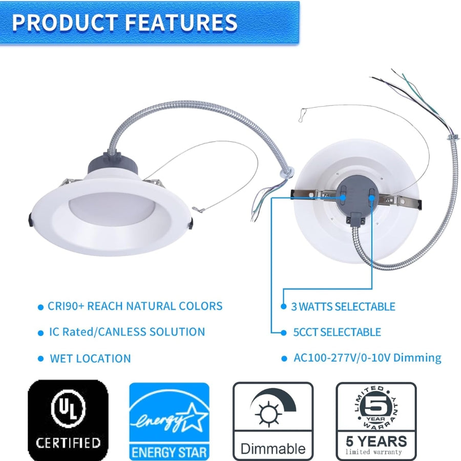 LED downlight with features listed on a white background