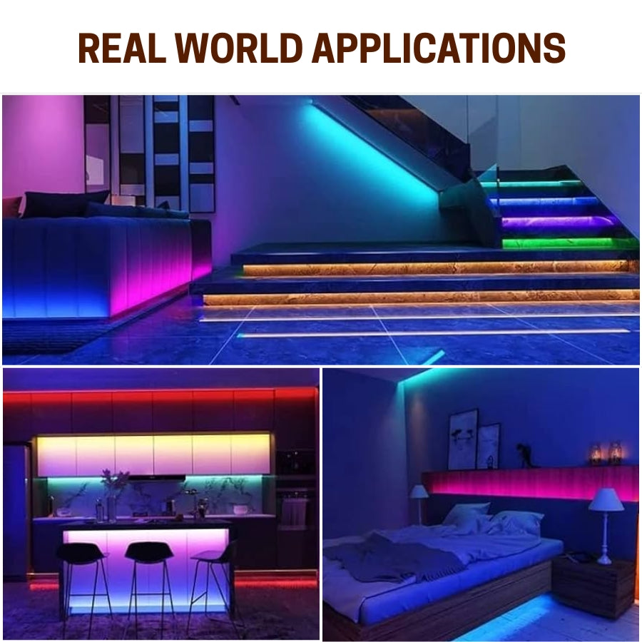 Collage of LED strip lights in various settings including a pool, kitchen, and bedroom. 6.6ft/2M Spotless LED Aluminum Channel at fliptoled 