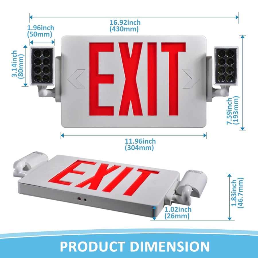 Double Sided LED Emergency EXIT Sign Combo, Two LED Lights, Backup Battery, US Standard Red Letter Emergency Exit Lighting, Commercial Grade, 120-277V, Fire Resistant (UL 94V-0) 2 Pack