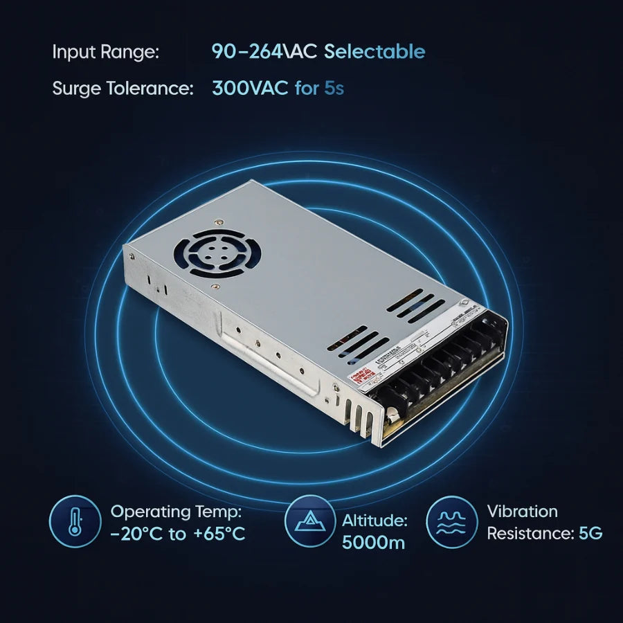 LRS-600 600W24V Single Output Switching Power Supply – 110-277V Input, UL/CE/RoHS Certified, 86–92% Efficiency, Multi-Voltage Output, Compact 41mm Low-Profile, Industrial Grade, 3-Year Warranty