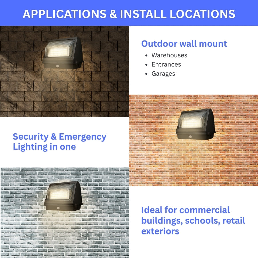 55W LED Emergency Wall Pack Light, Semi-Cutoff with Glass Lens, Built-In Emergency Backup, 120-Minute Battery, Forward Throw, DLC Listed