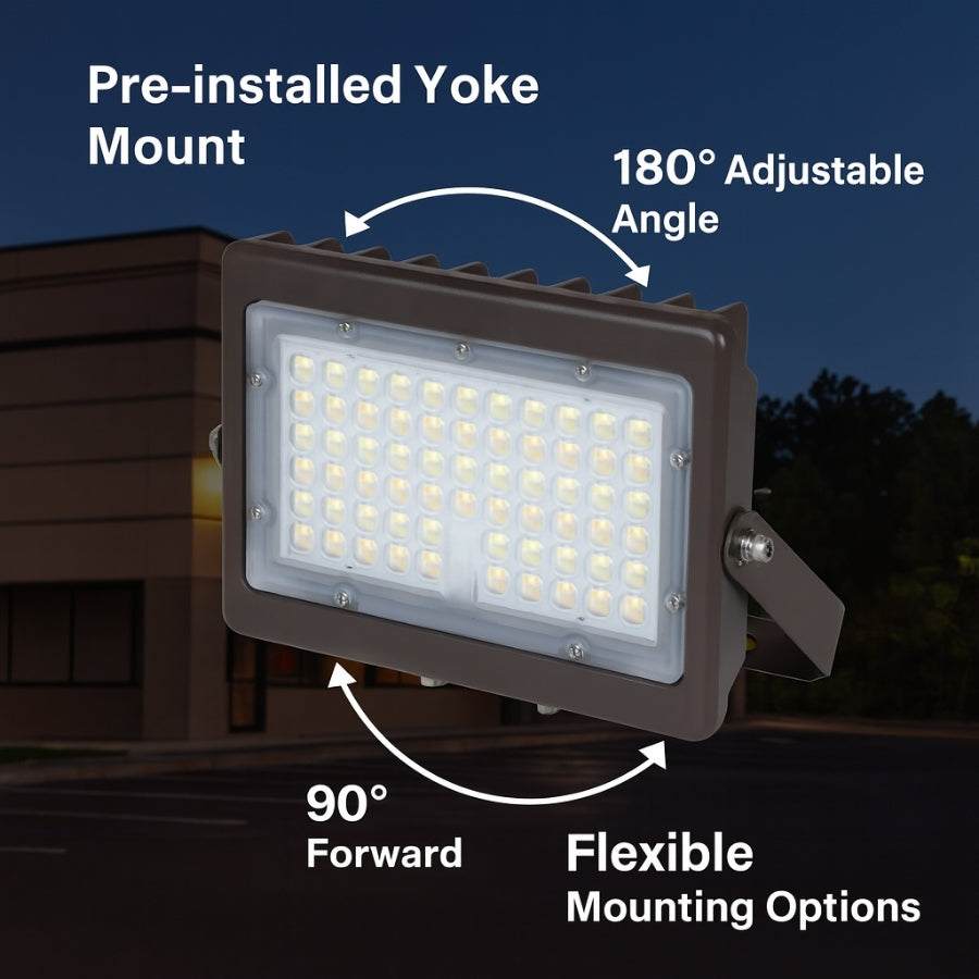 50W Max LED Flood Light with Yoke Mount — Selectable Wattage 30W/40W/50W & 3CCT (3000K–5000K), 7,250 Lumens, Photocell Included, 0-10V Dimmable, IP65 Waterproof, 250W MH Equivalent, UL/DLC Premium, 50,000 Hrs, 5-Year Warranty