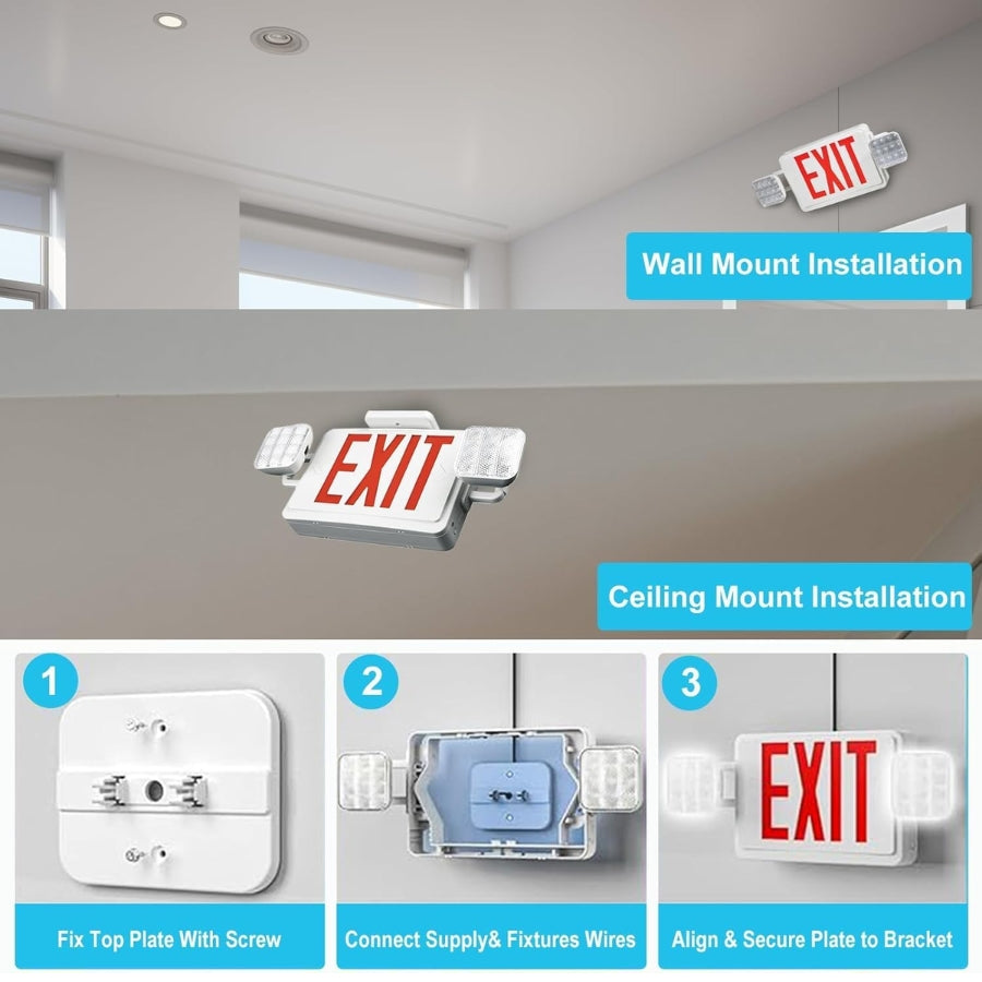 Double Sided LED Emergency EXIT Sign, Exit Combo Remote Capable, 2 LED Lights, Backup Battery, US Standard Red Letter, Commercial Grade, 120-277V, FireResistant(UL 94V-0) - 4 Pack