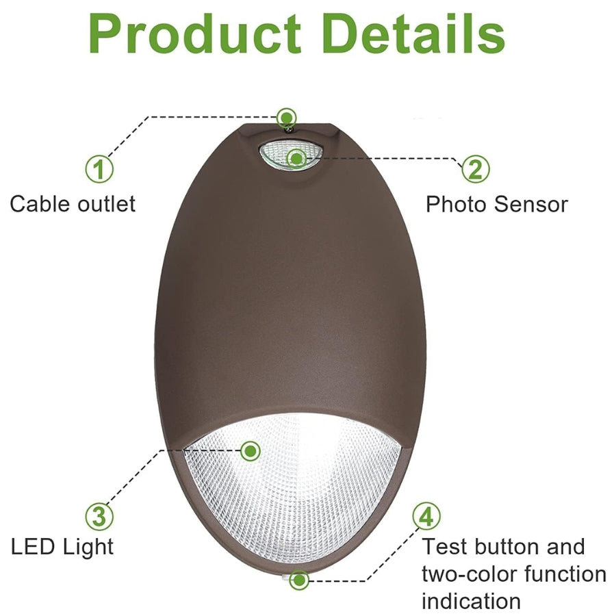 12W LED Emergency Light with Battery Backup and Photocell, Self-Test Diagnostics, Outdoor Wall Pack, 100–277V, IP65 Wet Location, Dark Bronze, UL 924 Listed