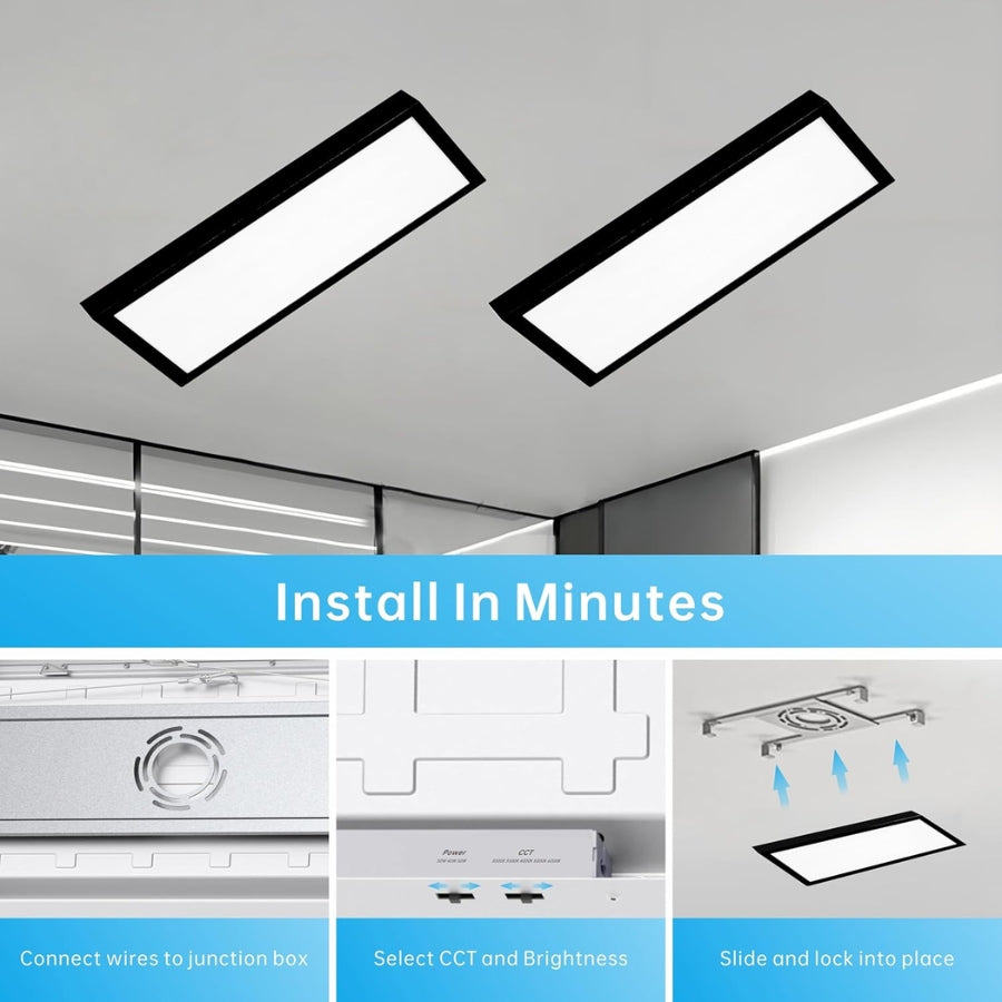 1x2 FT Black LED Flat Panel Light Surface Mount, 20W/30W/40W 2500-5000LM 5CCT 3000K-6500K Selectable, Triac Dimmable Ceiling Light Fixtures, Flush Mount for Kitchen Garage, Office, Home, White 2-Pack