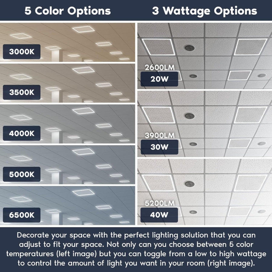 2X2 FT Edge-Lit Frame LED Panel Lights,5CCT Selectable 3000K-6500K, 2600/3900/5200LM,20W/30W/40W Switch, Grid Drop Ceiling Lights,0-10V Dimmable, Damp Rated,100-277V,ETL Listed (2X2 Edge - 12 Pack)