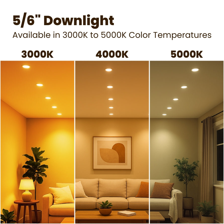Comparison of 5/6" downlight in three different color temperatures in a living room setting at fliptoled