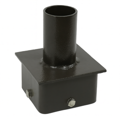 Black metal fitting with cylindrical top and square base on a white background