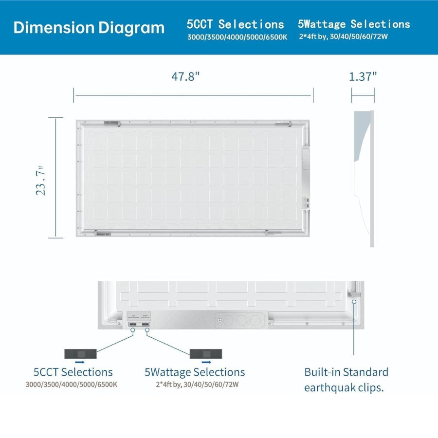 2x4 FT LED Light Flat Panel, 40-72W, 5 CCT 3K | 3.5k | 4K | 5K | 6.5K, Dimmable Recessed Drop Ceiling Lights, 3750/5000/6250/7500/9000 Lumen, Lay in Fixture for Commercial 120-277V, UL DLC (4 Pack)