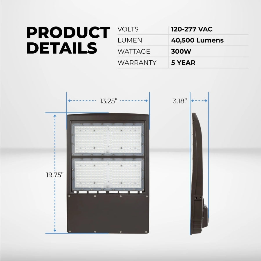 300W LED Parking Lot Light, 1000W MH Equivalent, 40,500 Lumens, 5000K Cool White, Type III-M Distribution, 1–10V Dimmable, IP65 Waterproof, Bronze Housing, Optional Photocell, DLC 5.1 Premium – 5 Year Warranty