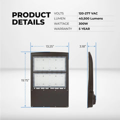 300W LED Parking Lot Light, 1000W MH Equivalent, 40,500 Lumens, 5000K Cool White, Type III-M Distribution, 1–10V Dimmable, IP65 Waterproof, Bronze Housing, Optional Photocell, DLC 5.1 Premium – 5 Year Warranty